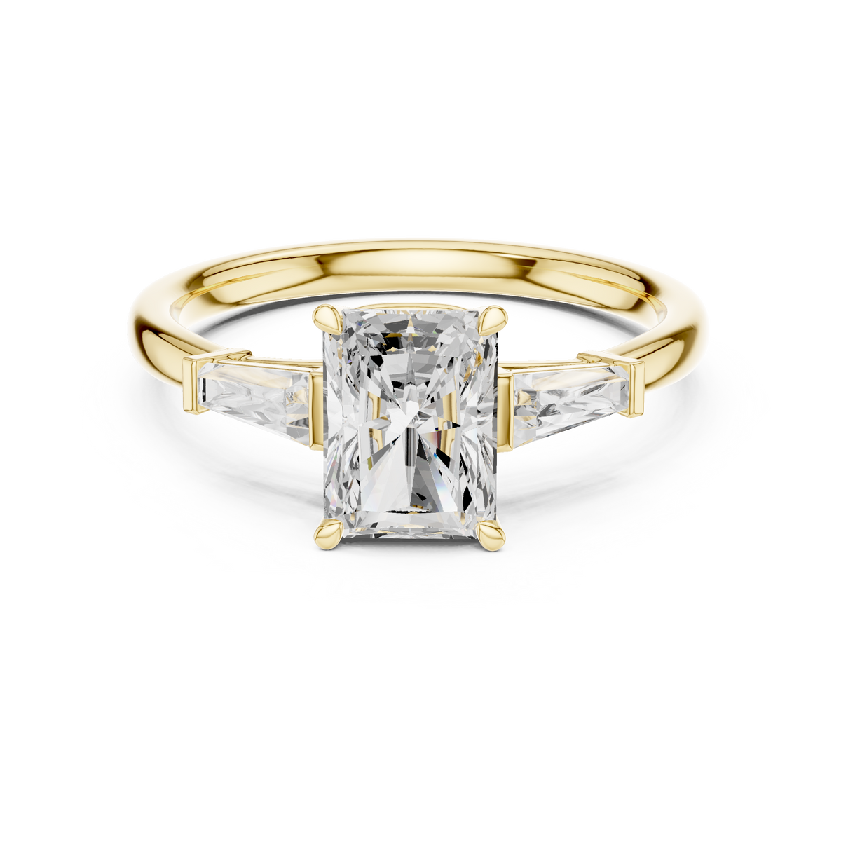 Radiant Cut Three-Stone Engagement Ring with Tapered Baguette Side Stones