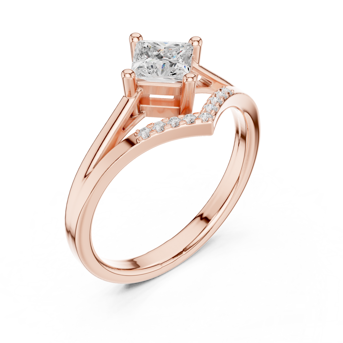 Princess Cut Diamond V-Shape Chevron Split Shank Ring