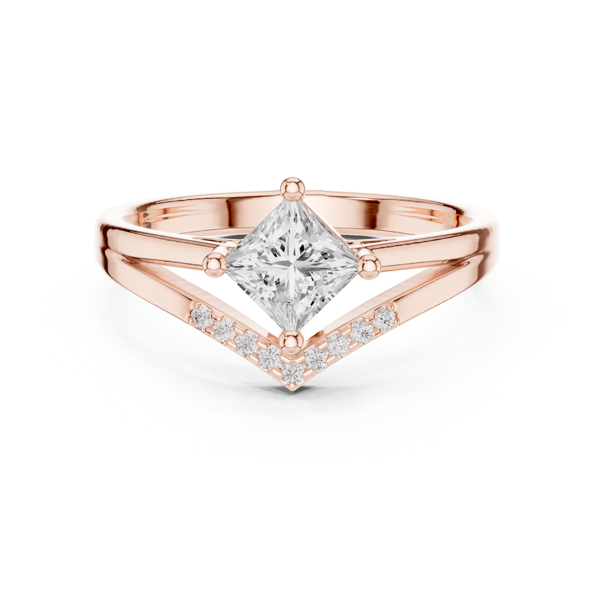 Princess Cut Diamond V-Shape Chevron Split Shank Ring