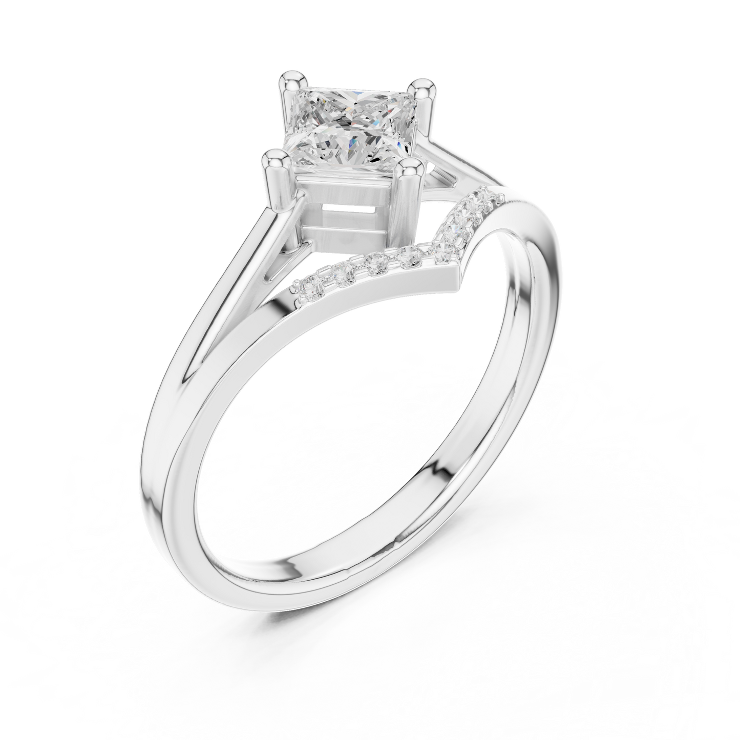 Princess Cut Diamond V-Shape Chevron Split Shank Ring