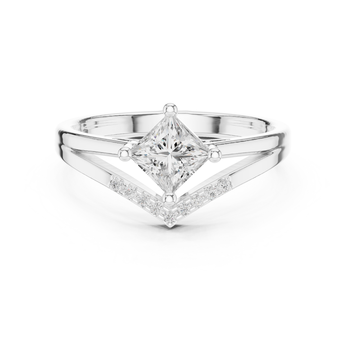 Princess Cut Diamond V-Shape Chevron Split Shank Ring