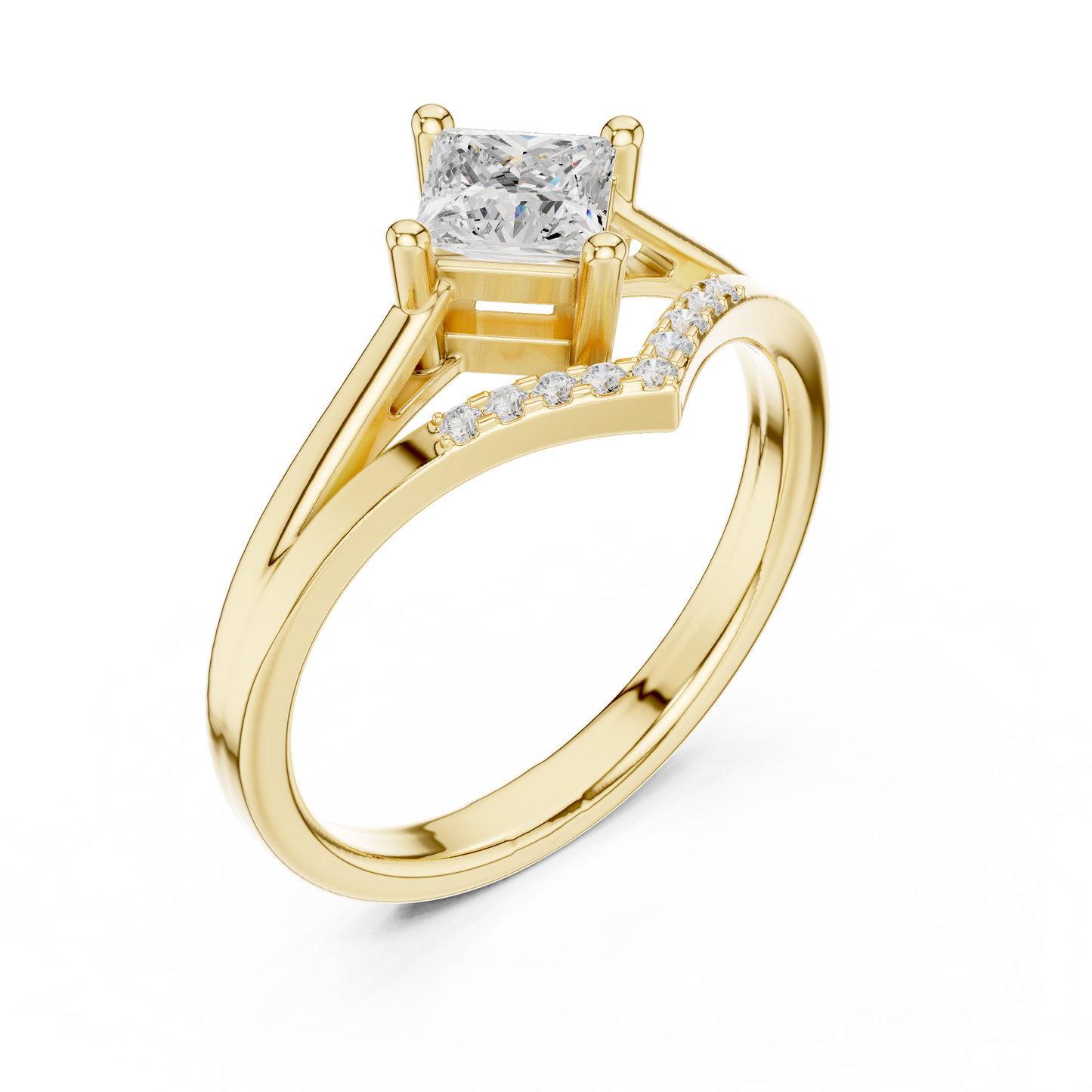 Princess Cut Diamond V-Shape Chevron Split Shank Ring