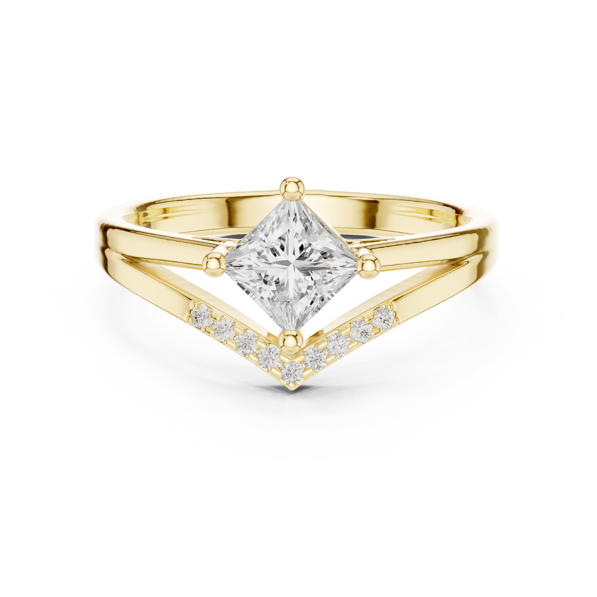 Princess Cut Diamond V-Shape Chevron Split Shank Ring