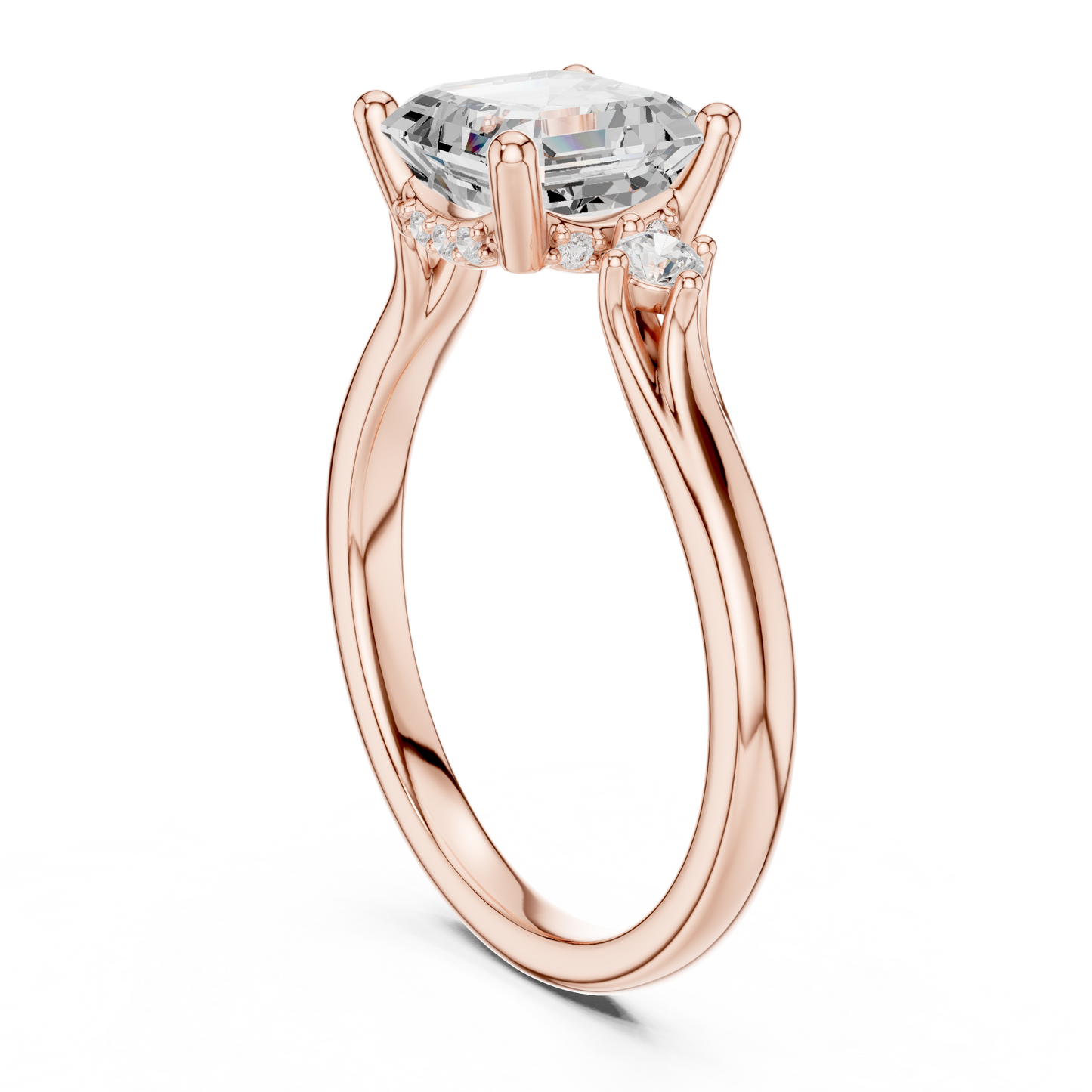 Asscher Cut Three-Stone Ring with Round Side Accents