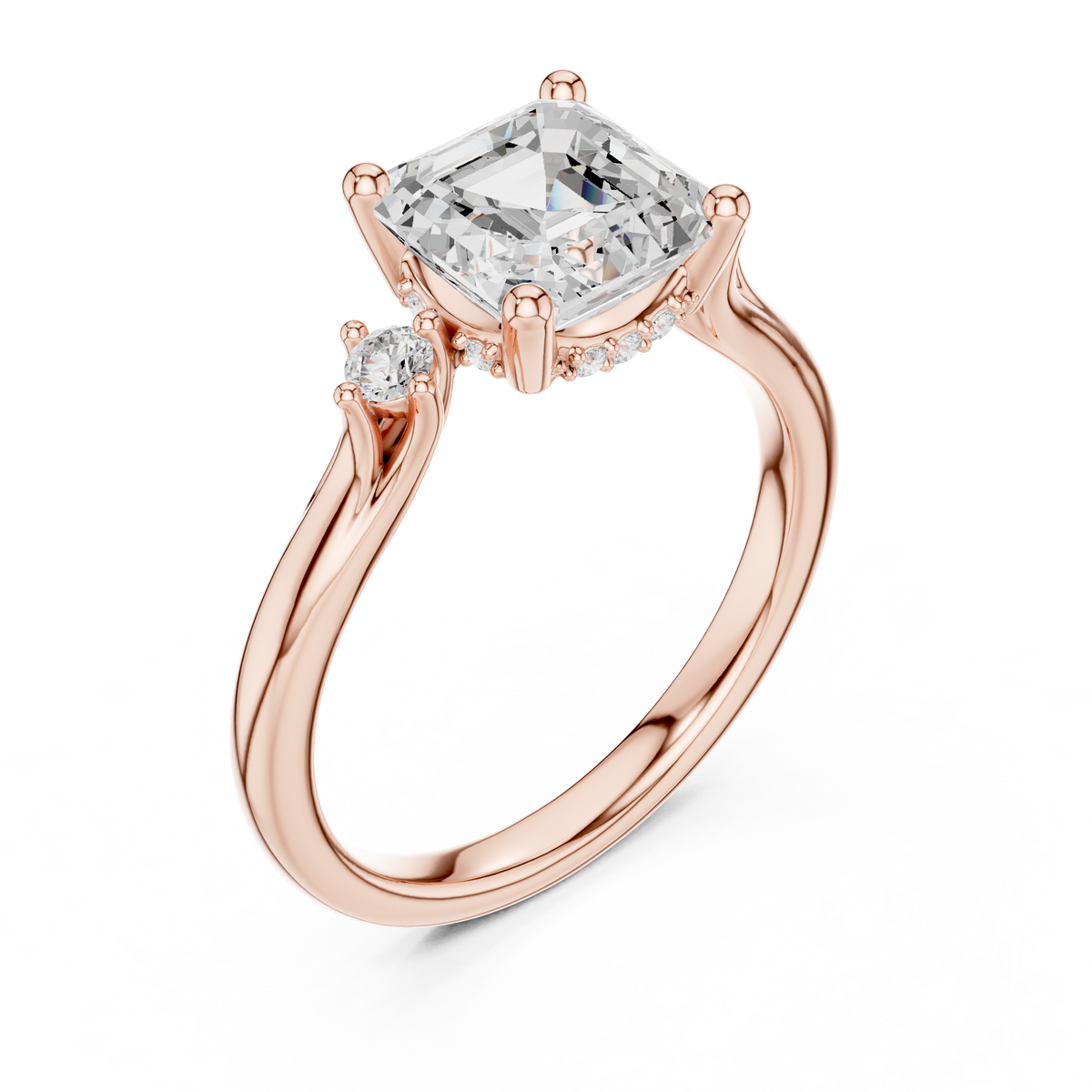 Asscher Cut Three-Stone Ring with Round Side Accents