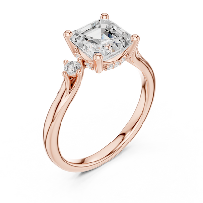 Asscher Cut Three-Stone Ring with Round Side Accents
