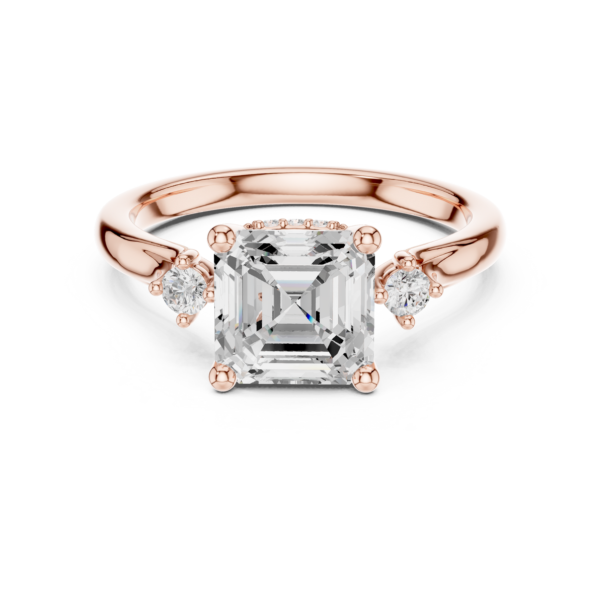 Asscher Cut Three-Stone Ring with Round Side Accents