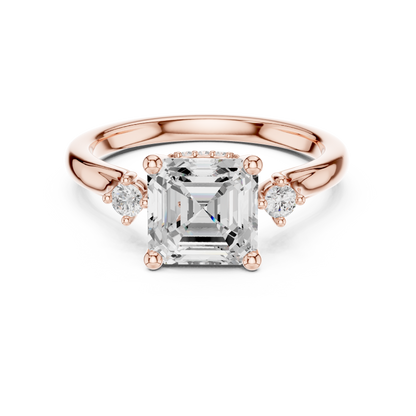 Asscher Cut Three-Stone Ring with Round Side Accents