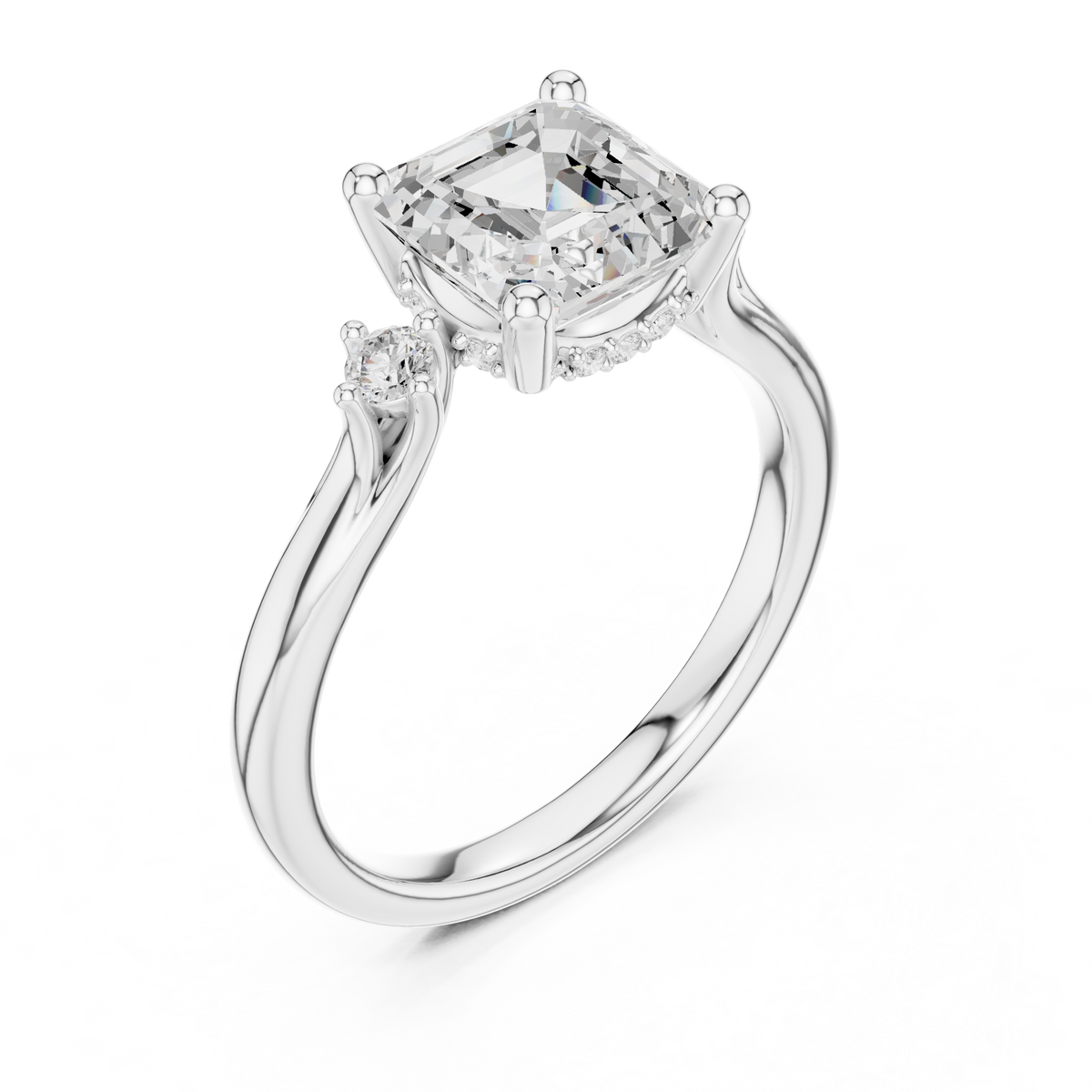 Asscher Cut Three-Stone Ring with Round Side Accents