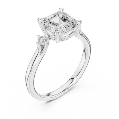 Asscher Cut Three-Stone Ring with Round Side Accents