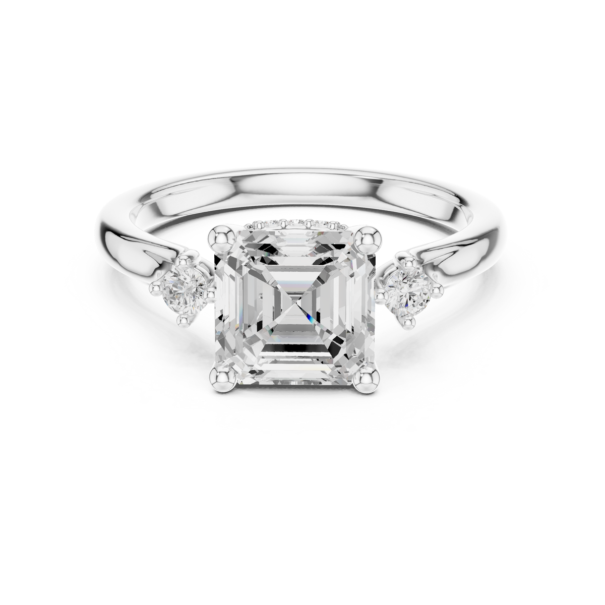 Asscher Cut Three-Stone Ring with Round Side Accents