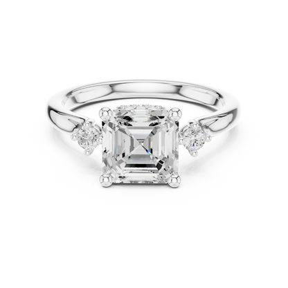 Asscher Cut Three-Stone Ring with Round Side Accents