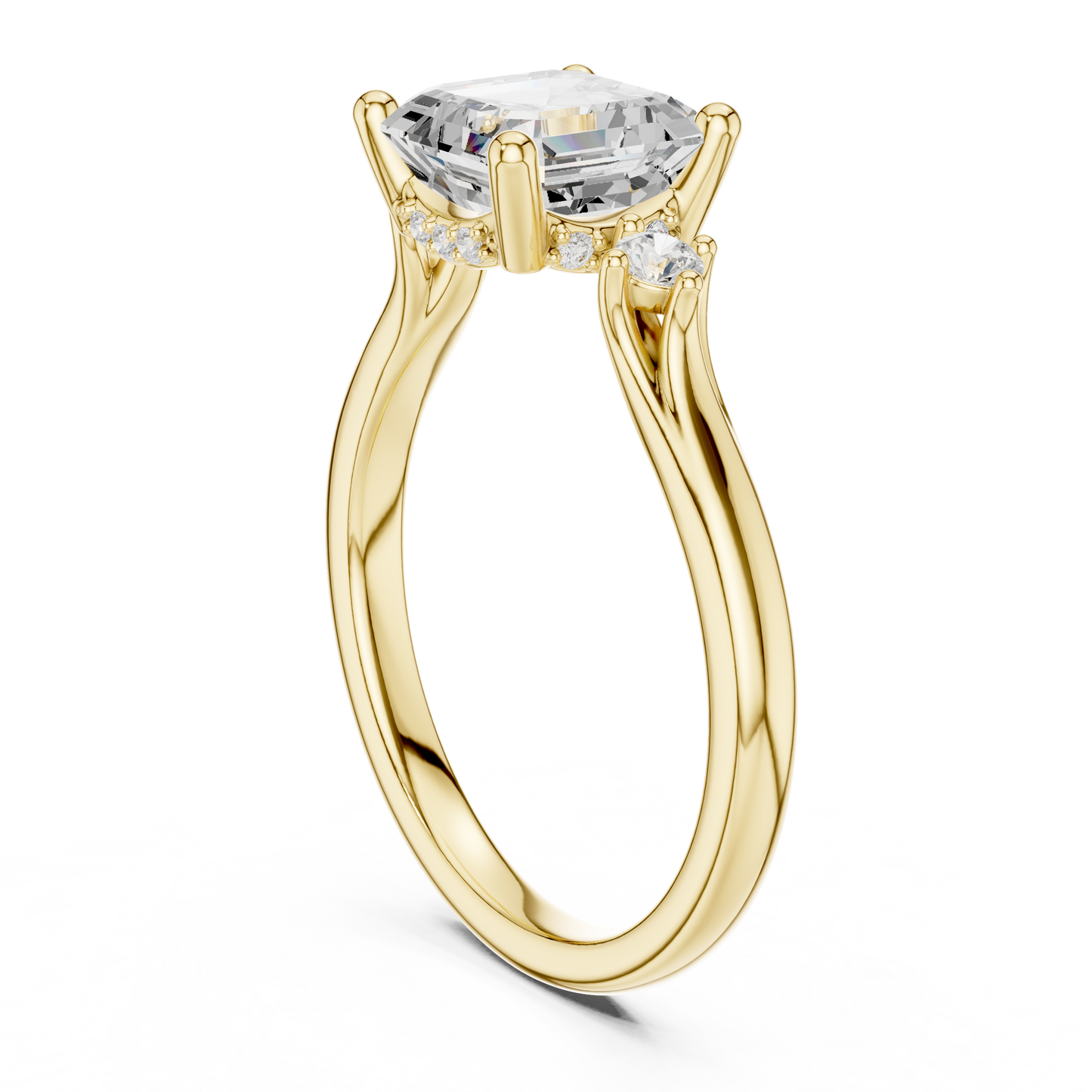 Asscher Cut Three-Stone Ring with Round Side Accents