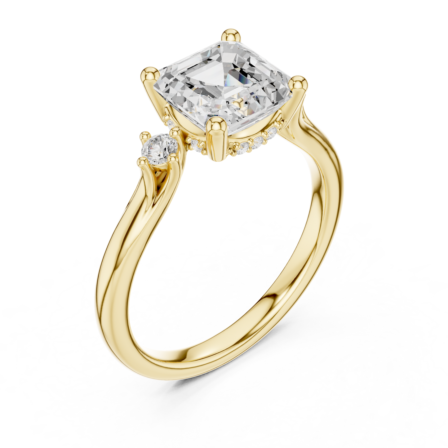 Asscher Cut Three-Stone Ring with Round Side Accents