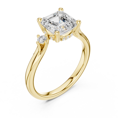 Asscher Cut Three-Stone Ring with Round Side Accents