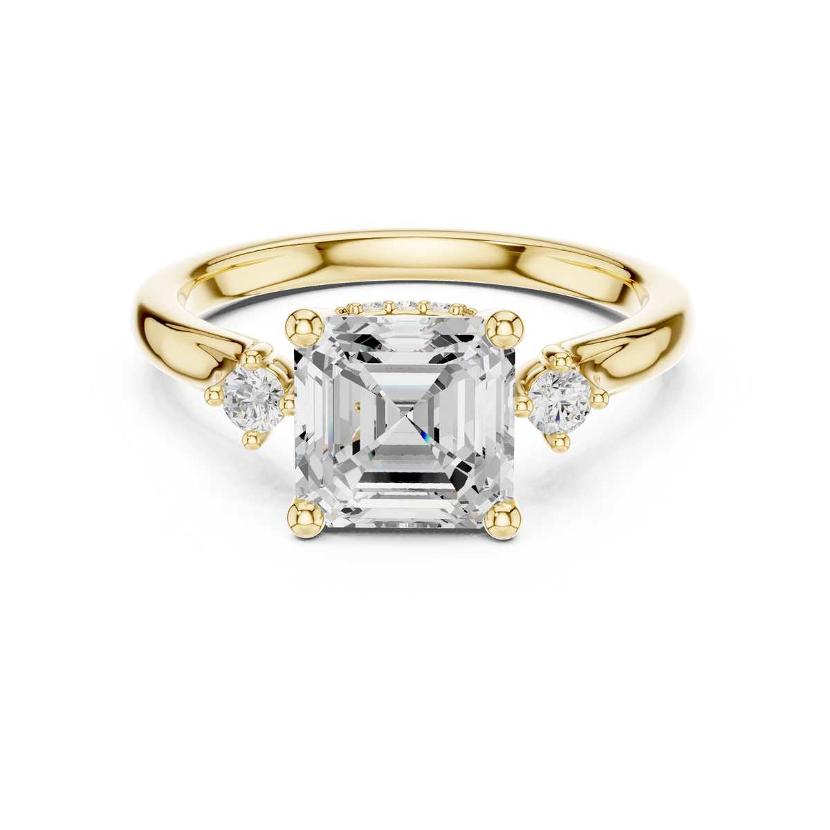 Asscher Cut Three-Stone Ring with Round Side Accents