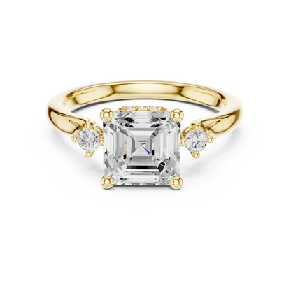 Asscher Cut Three-Stone Ring with Round Side Accents