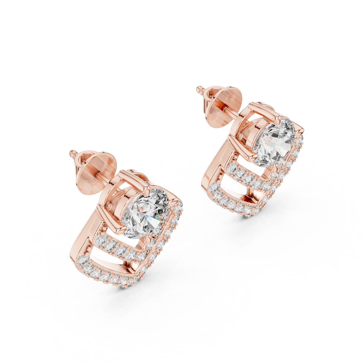Geometric Double Chevron Round Diamond Stud Earrings