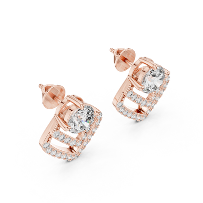 Geometric Double Chevron Round Diamond Stud Earrings