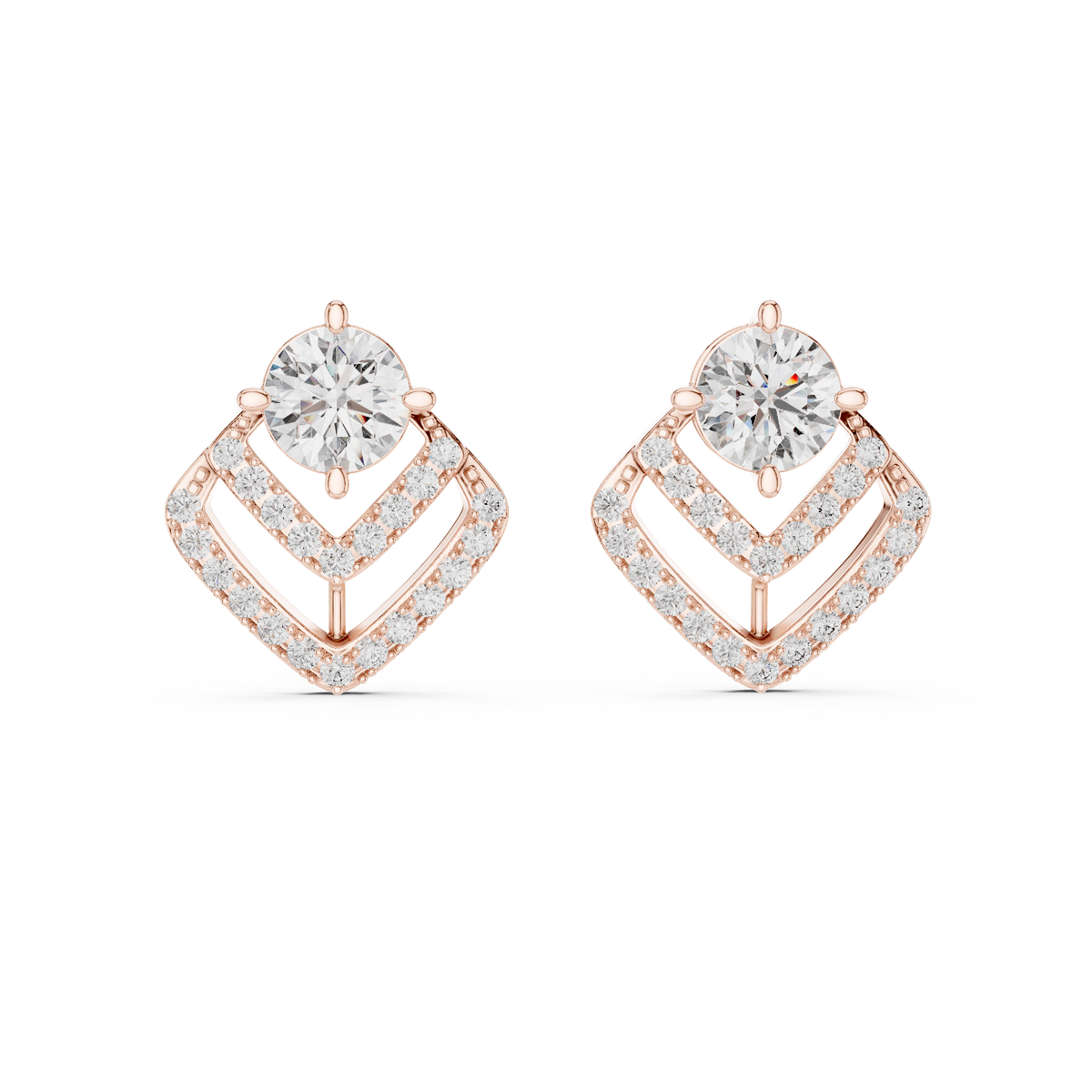 Geometric Double Chevron Round Diamond Stud Earrings