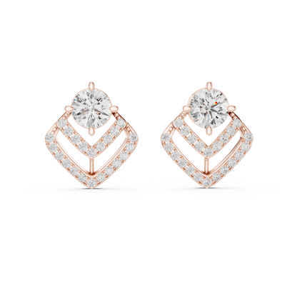 Geometric Double Chevron Round Diamond Stud Earrings