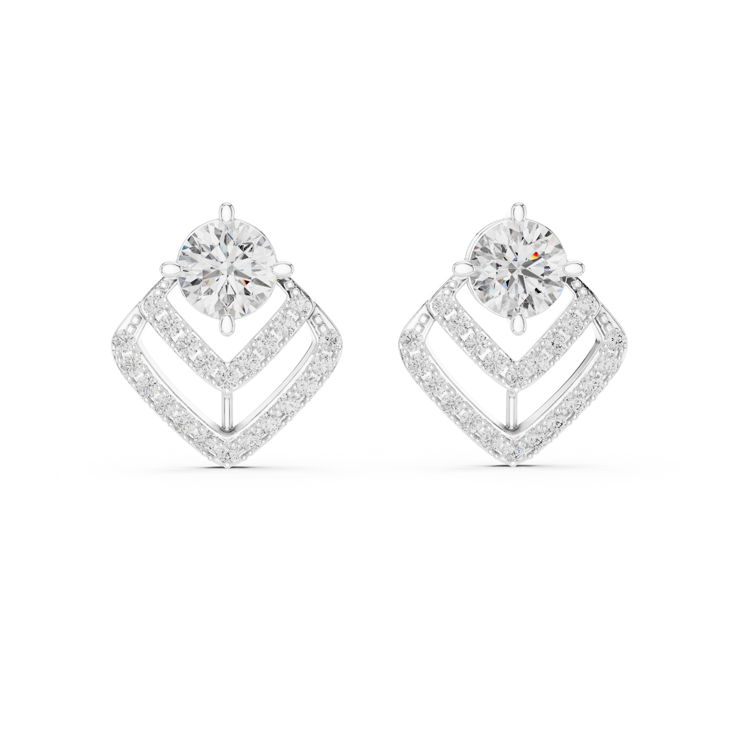 Geometric Double Chevron Round Diamond Stud Earrings