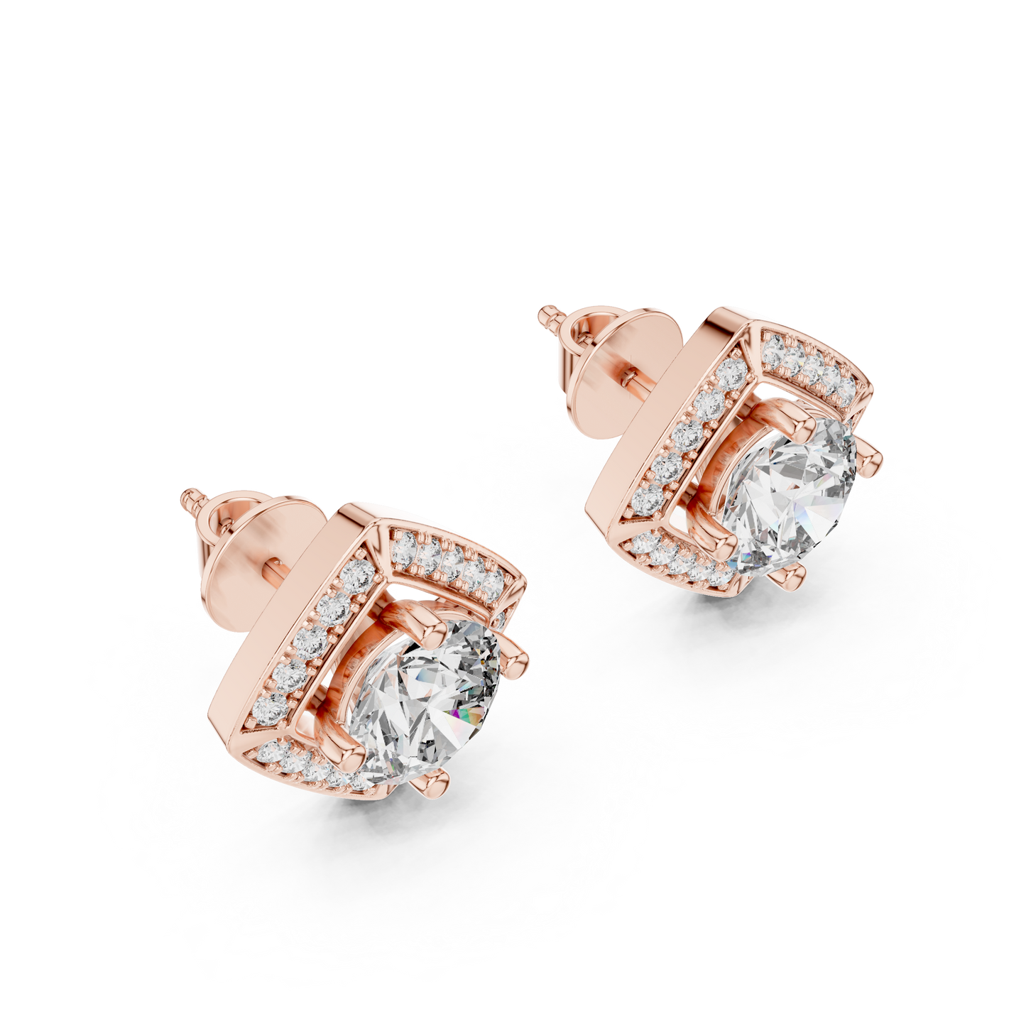 Diamond Kite-Set Square Halo Stud Earrings