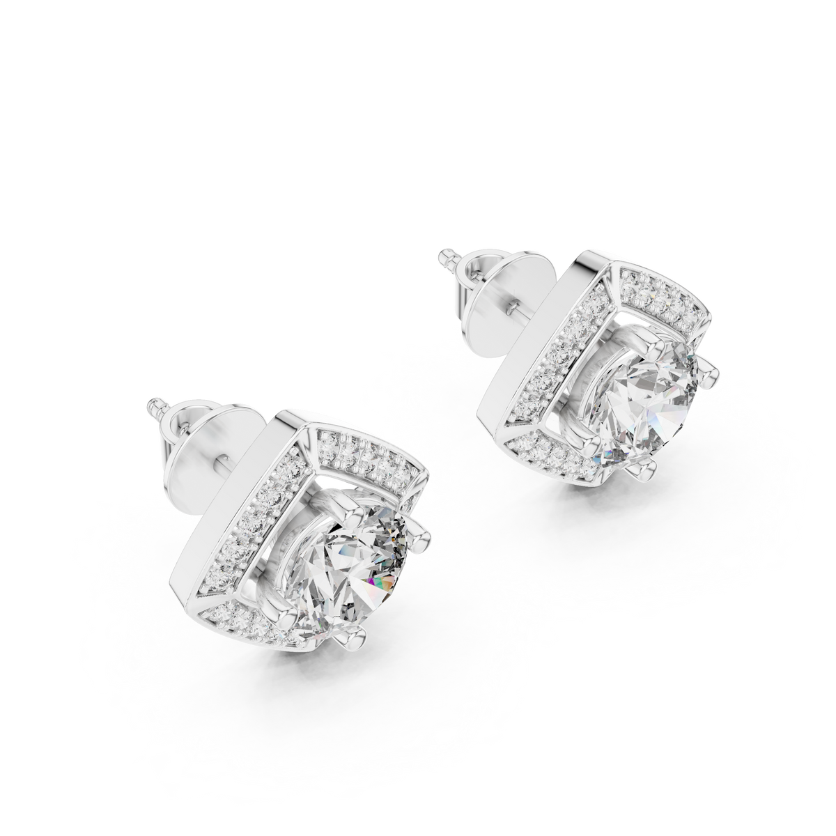 Diamond Kite-Set Square Halo Stud Earrings