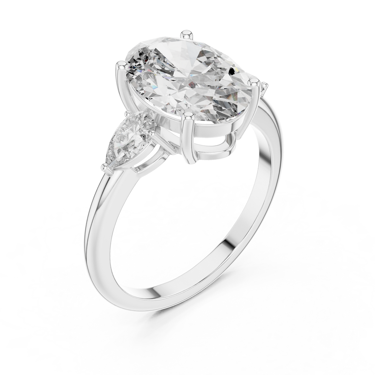 Oval Cut Diamond Three-Stone Ring with Pear Side Stones