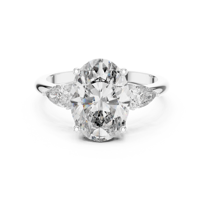 Oval Cut Diamond Three-Stone Ring with Pear Side Stones