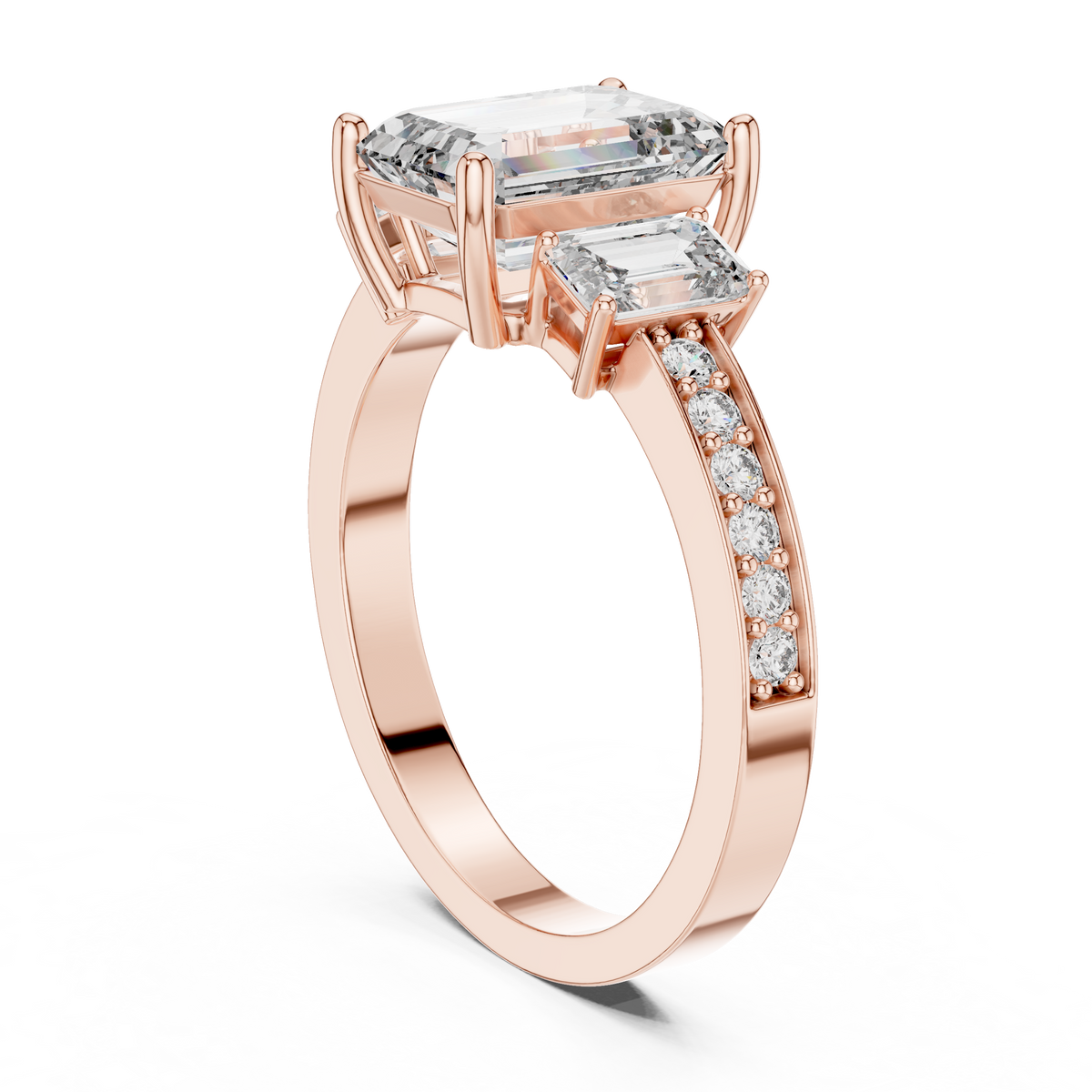 Emerald Cut Three-Stone Ring with Pave Band