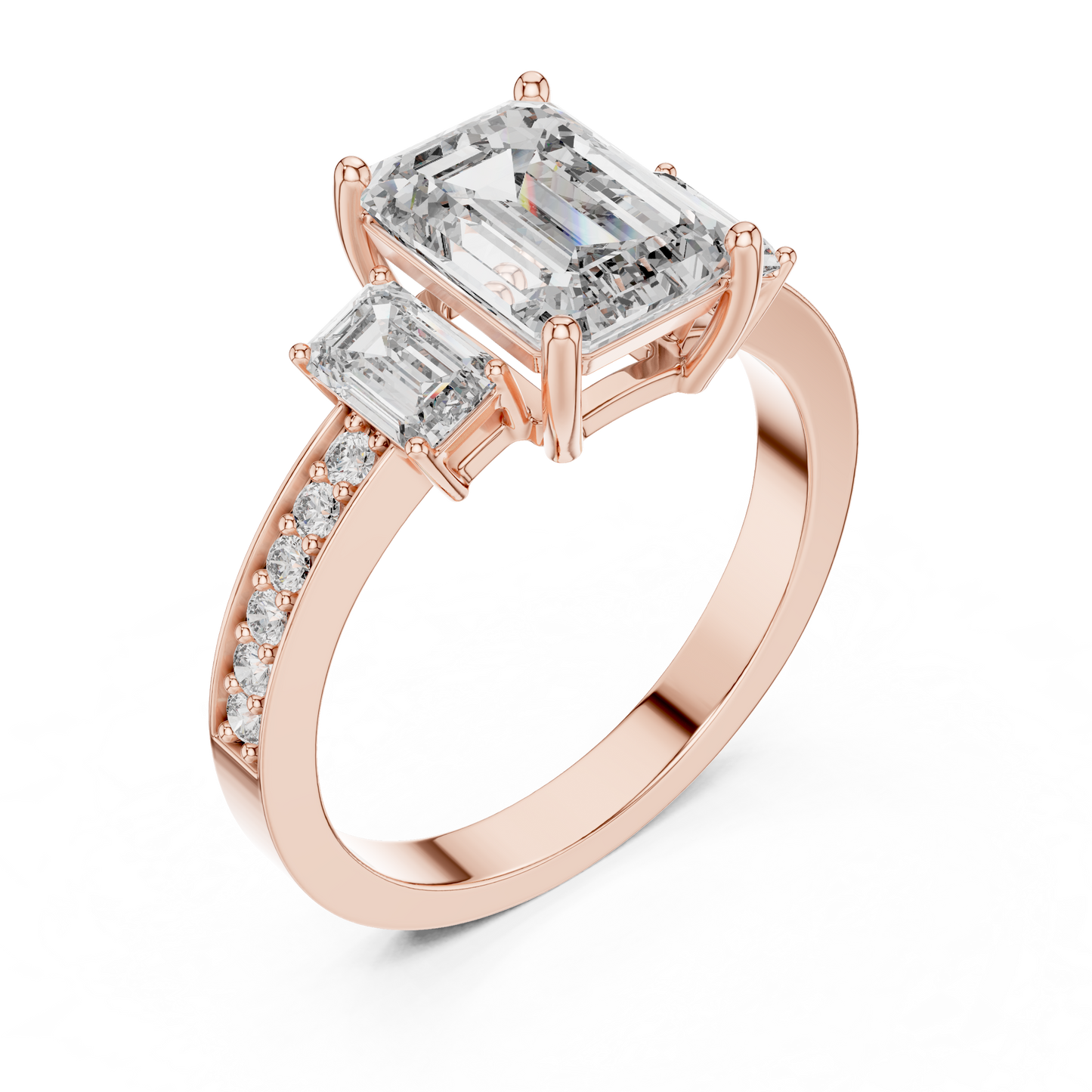 Emerald Cut Three-Stone Ring with Pave Band
