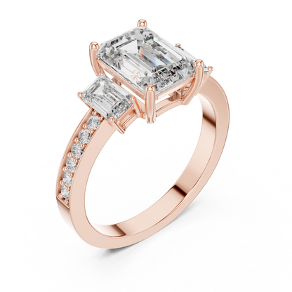 Emerald Cut Three-Stone Ring with Pave Band