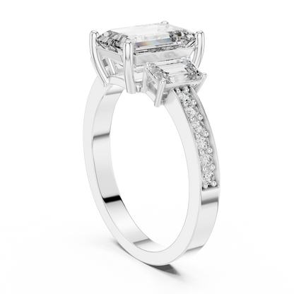 Emerald Cut Three-Stone Ring with Pave Band