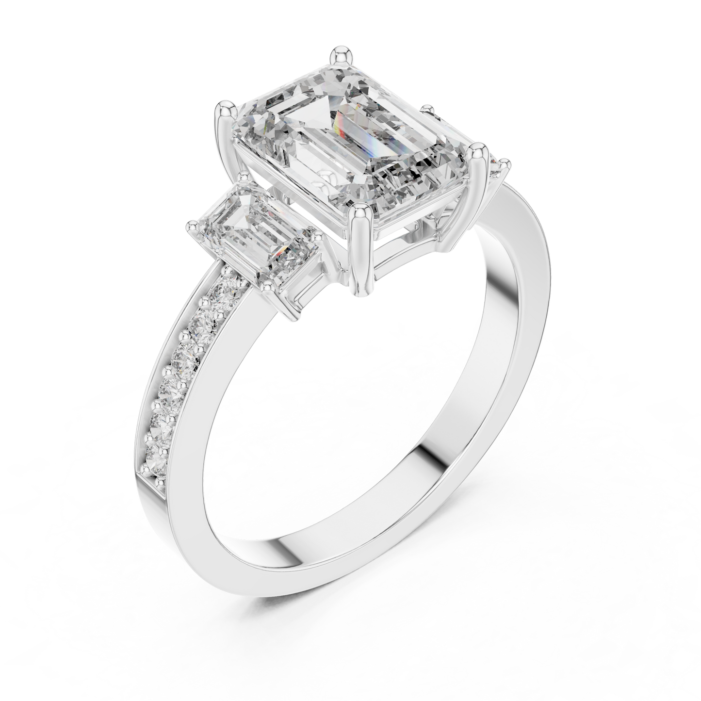 Emerald Cut Three-Stone Ring with Pave Band