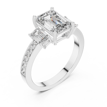 Emerald Cut Three-Stone Ring with Pave Band