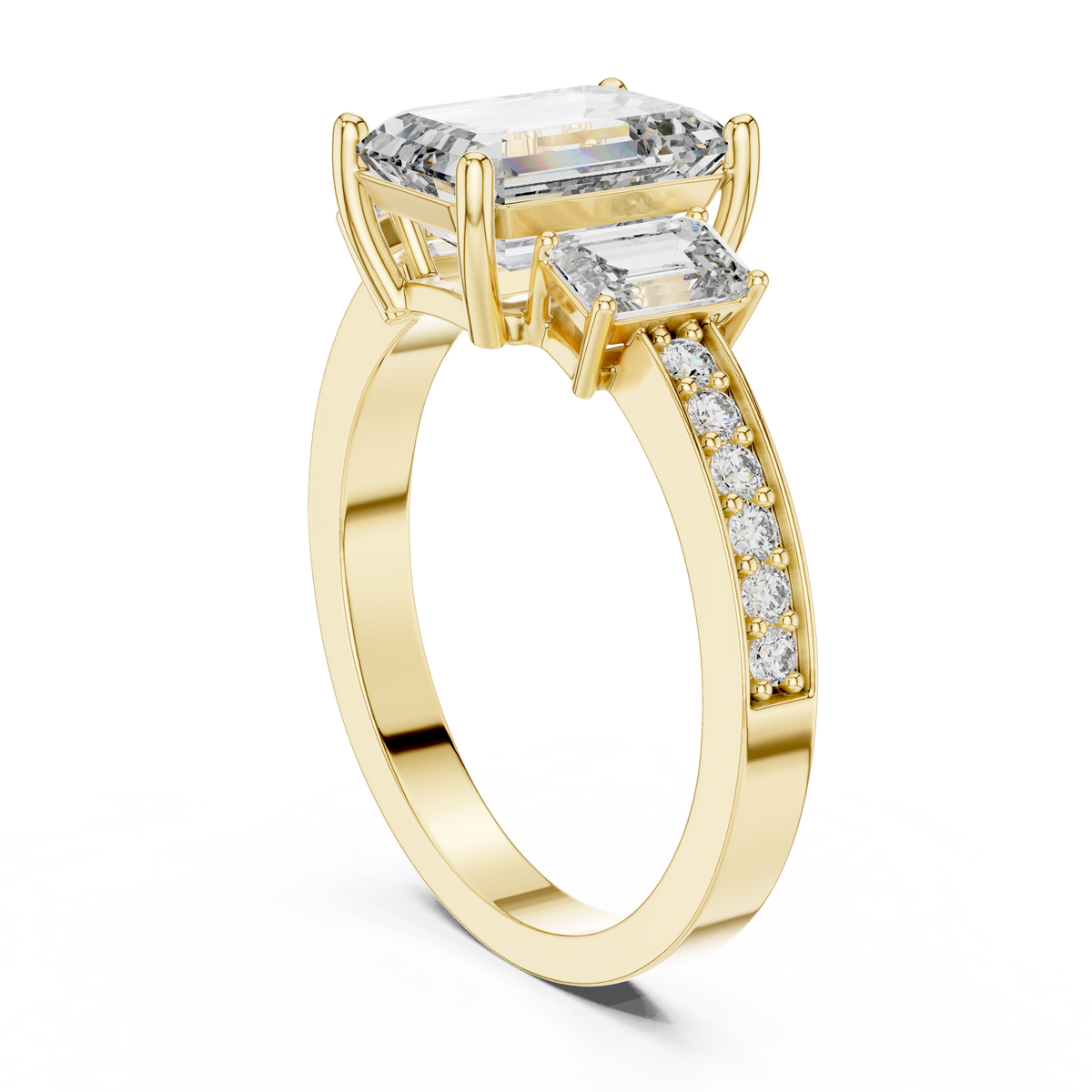 Emerald Cut Three-Stone Ring with Pave Band