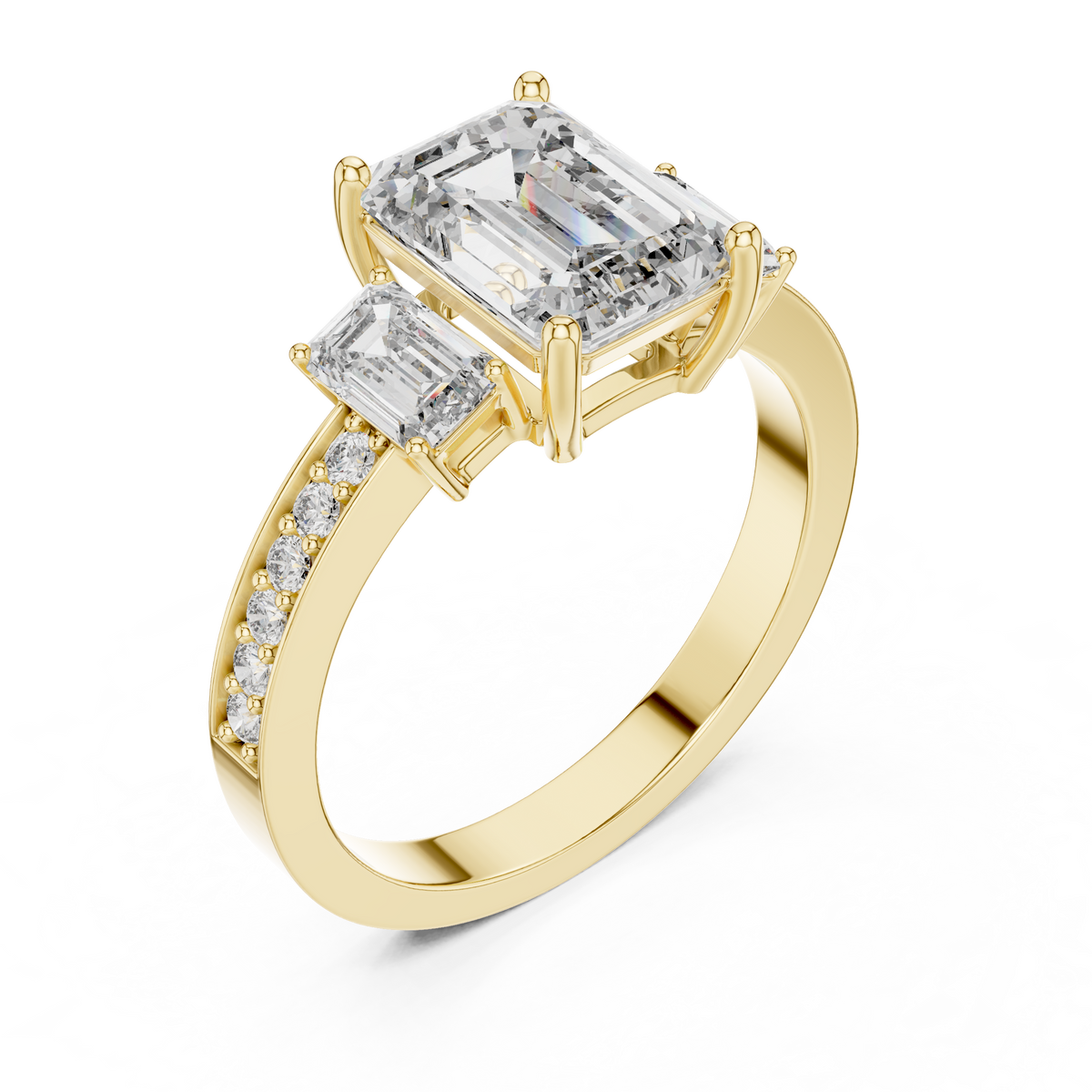 Emerald Cut Three-Stone Ring with Pave Band