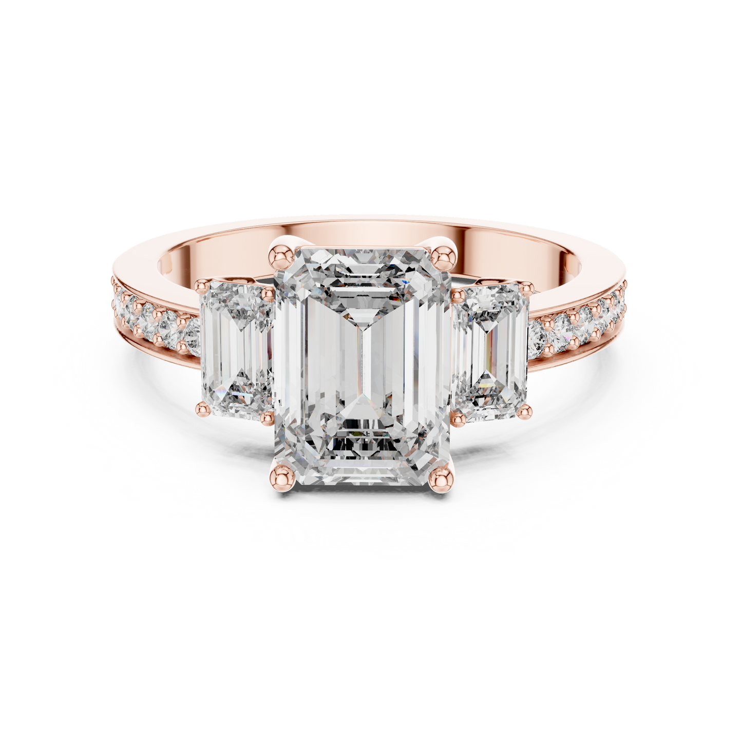 Emerald Cut Three-Stone Ring with Pave Band