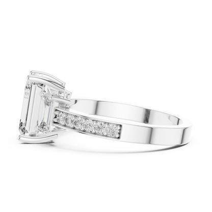Emerald Cut Three-Stone Ring with Pave Band