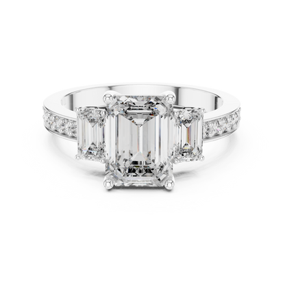 Emerald Cut Three-Stone Ring with Pave Band